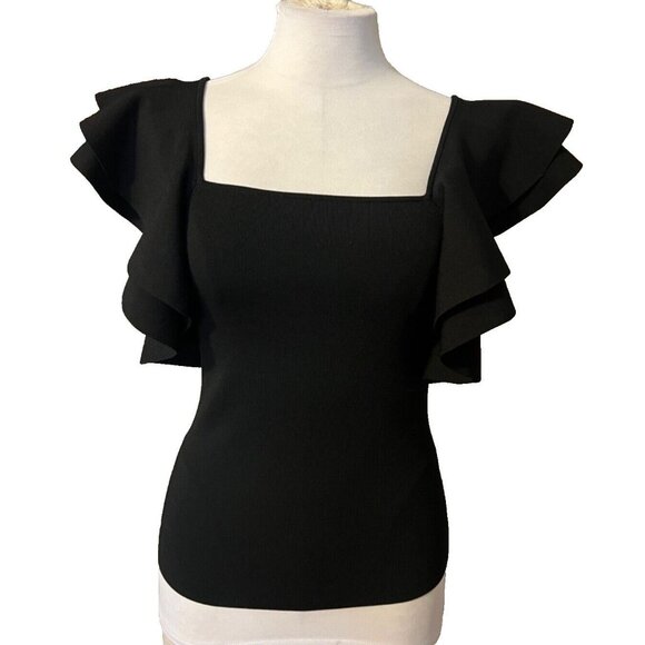 INC Top S Small Black Short Flutter Ruffle Sleeves Stretch Square Neck NWT - Picture 1 of 10